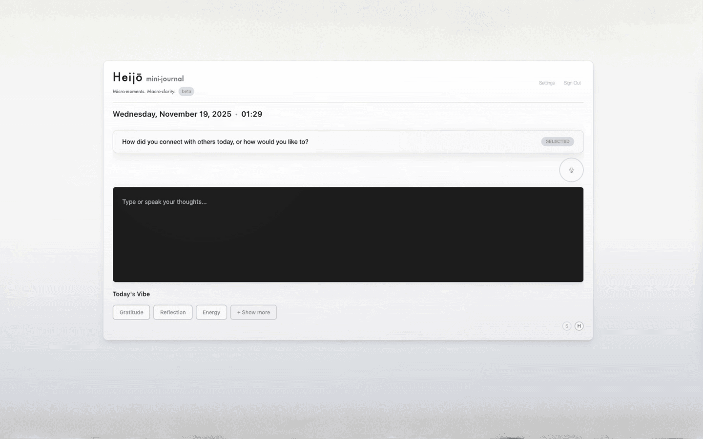 Screenshot of the Heijō Mini-Journal interface